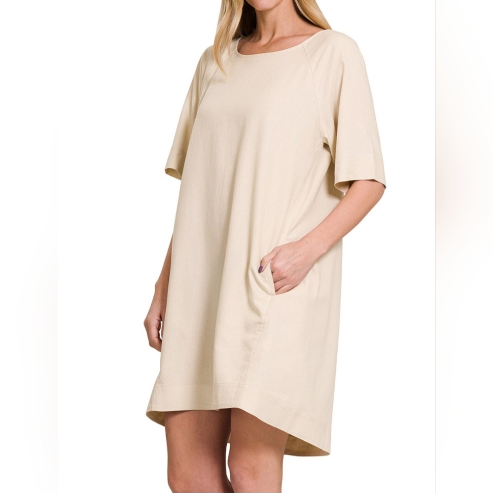#647 🛑S Oversize Linen Blend Short Sleeve Dress w/ Side Pockets - Picture 2 of 3